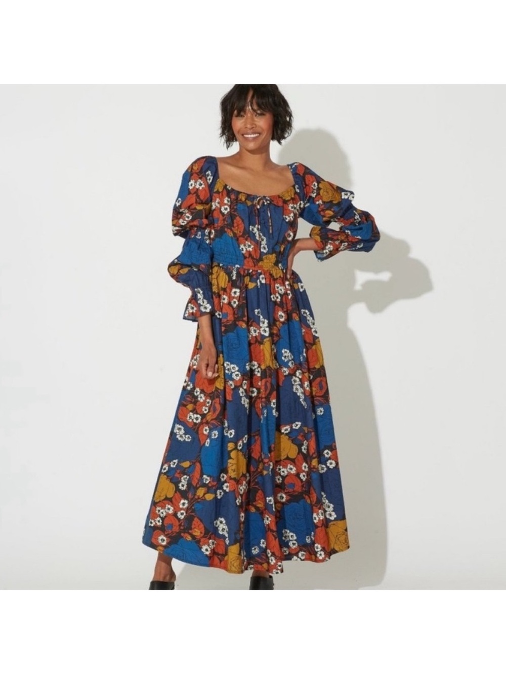 Cleobella Navy Floral Midi Dress with Rust and Mustard Accents